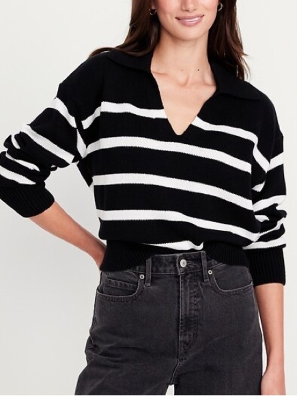 Old Navy Black White Polo Striped V-Neck Sweater Academia Preppy NWT L